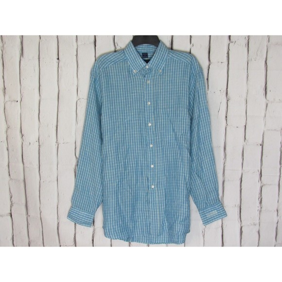 Other - Jeff Rose Men Shirt Large Blue white Striped Button Front Long Sleeve 100% Linen